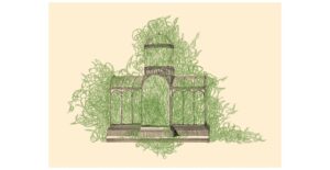 llun o cas neu adeilad gwydr gyda sketch o plahigion gwyllt yn dianc